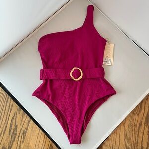 Cosita Linda One-Shoulder Magenta Asymmetrical Belted One-Piece Swimsuit